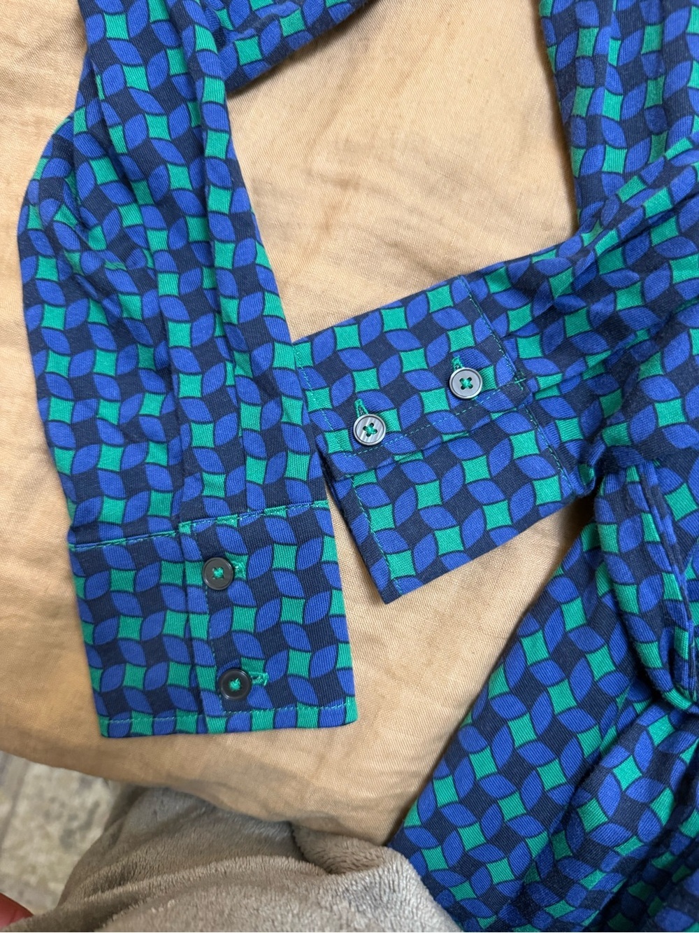 Boden cotton blend Blue & Green Geometric Shirt Dress with Tie Waist - Picture 8 of 10